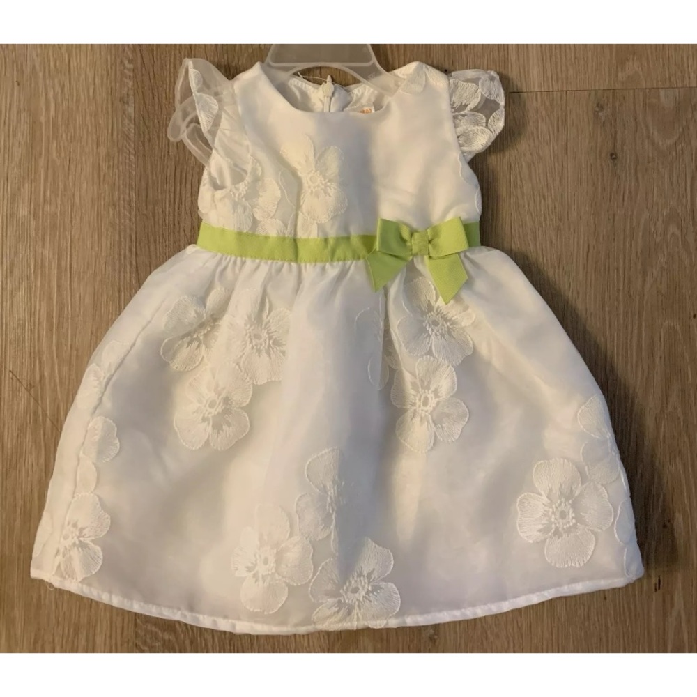 Gymboree Girls Size 9-12 Months Elegant White Floral  Dress With Lime Green Trim